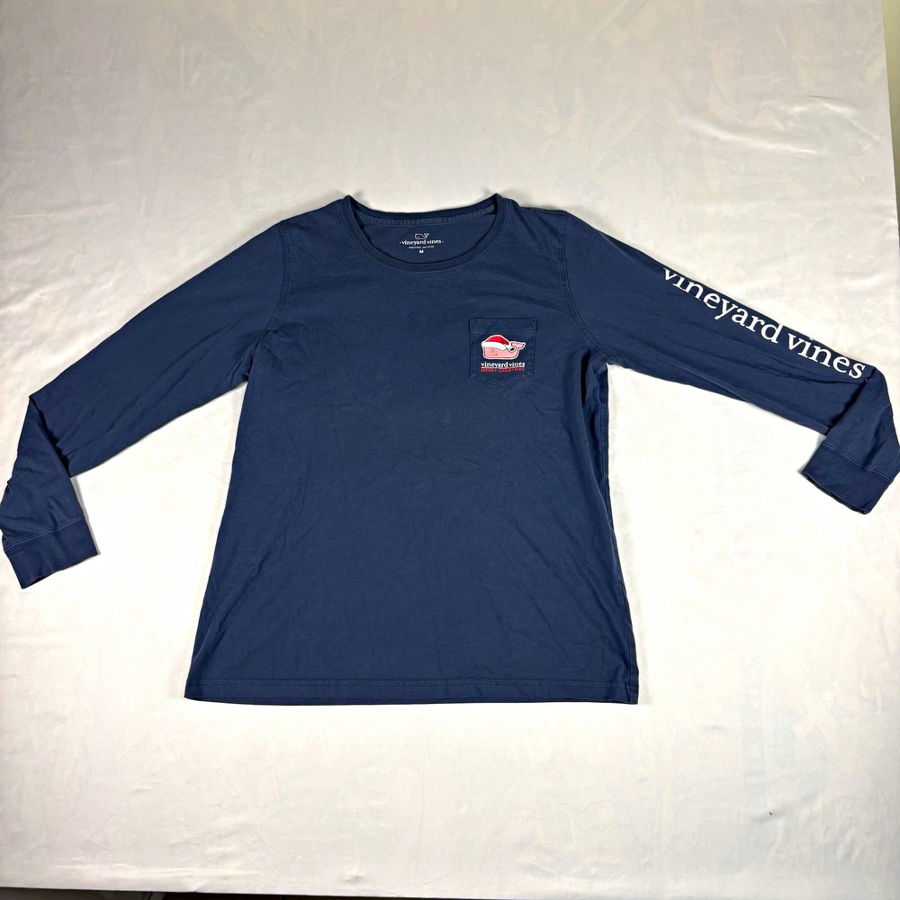Vineyard Vines Mens M Blue Christmas Whale Graphic Pocket Crew Neck LS T-Shirt